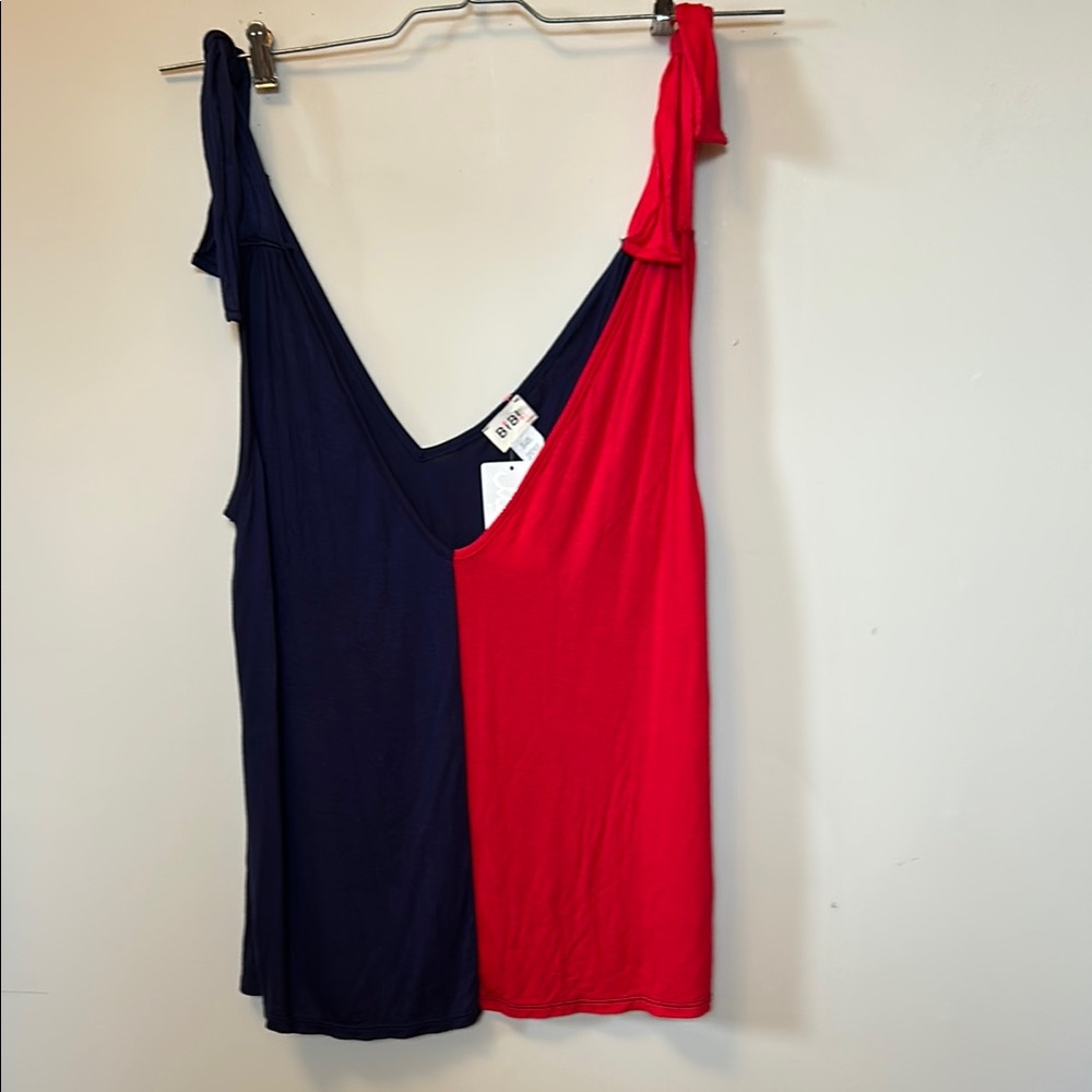 Bibi red &blue sleeveless top ties on shoulders deep V neckline size medium NWT